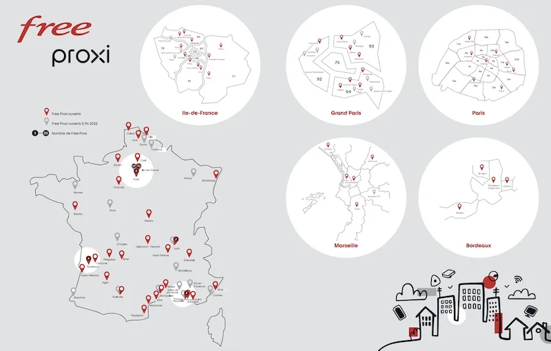 Carte de France des Free Proxi (avec des loupes sur l'Île de France, Paris, Marseille et Bordeaux)