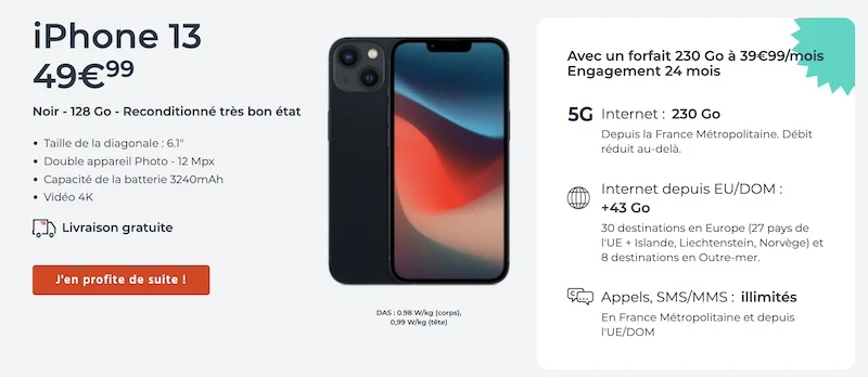 iPhone 13 reconditionné à 49,99€ avev un forfait CDiscount Mobile à 39,90€/mois
