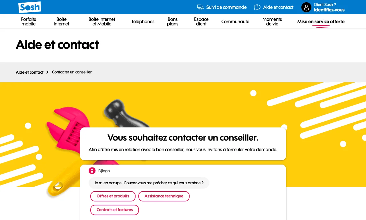 La page assistance.sosh.fr/contacts avec le chat Sosh ouvert et le menu des trois motifs