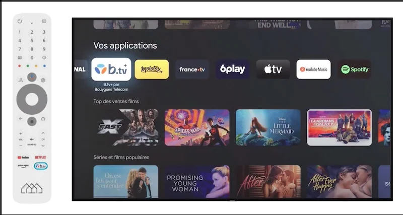 Interface Google TV avec B.tv+ et la télécommande Homatics avec B.tv
