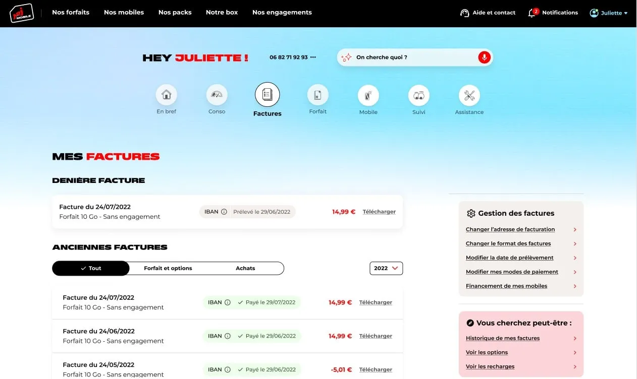 Fonctionnalités de l'espace client NRJ Mobile