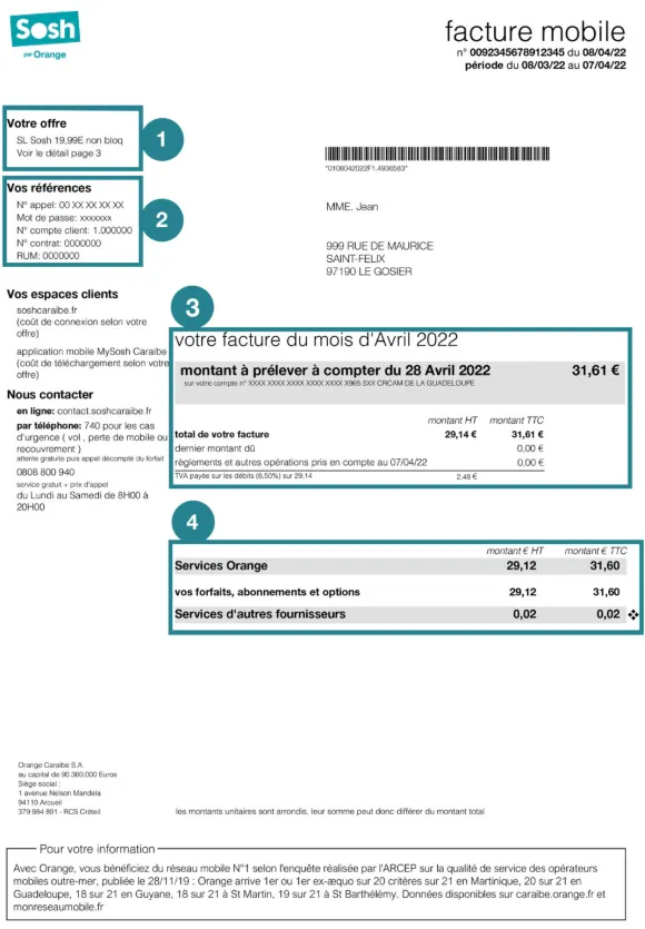 Exemple de facture Sosh détaillée, avec l'offre, les références client, le montant prélevé et le détail des services