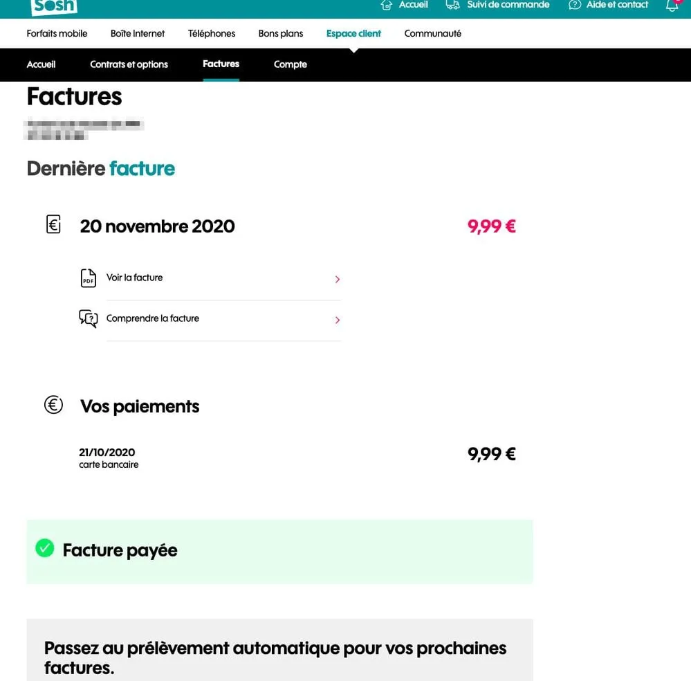 Rubrique Factures de l'espace client Sosh, avec le montant et la date de prélèvement