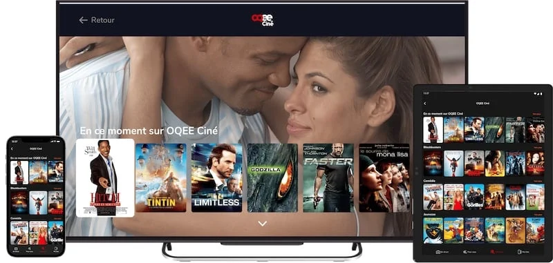 OQEE Ciné sur les applications OQEE by Free sur smartphone et tablette et depuis une TV connectée à une Freebox Pop Player