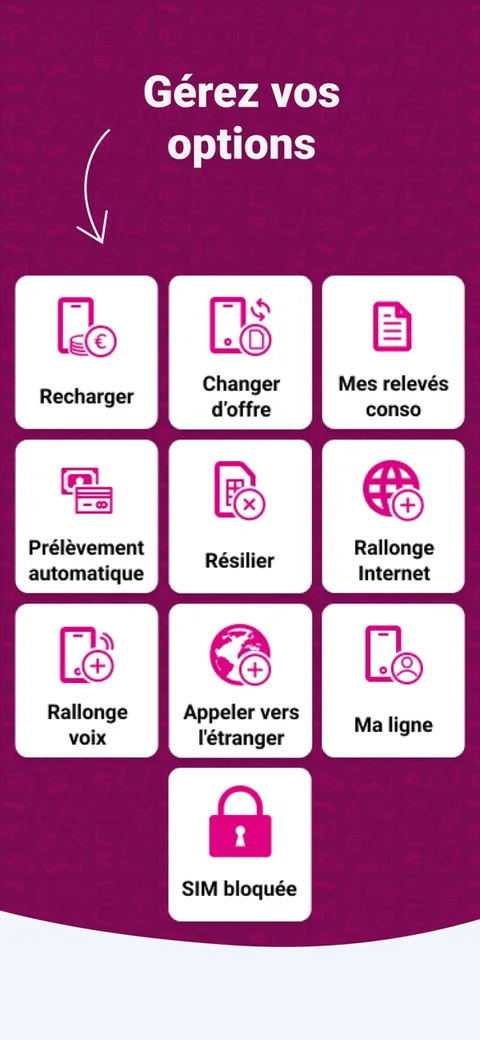 Application Réglo Mobile : menu des options (recharger, changer d'offre, relevés conso, prélèvement automatique, rallonges internet et voix, appeler vers l'étranger)