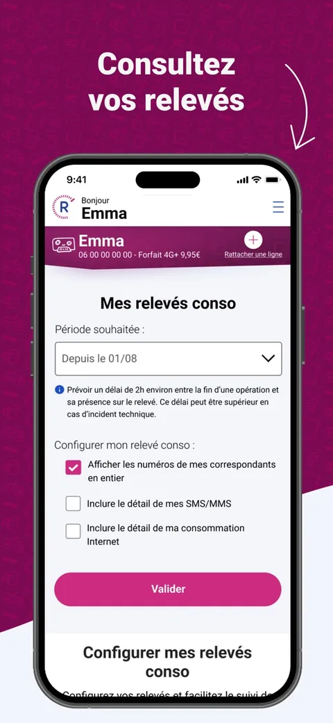 Application Réglo Mobile : écran Mes relevés conso avec le choix de la période et les options d'affichage des numéros, des SMS et de la consommation internet