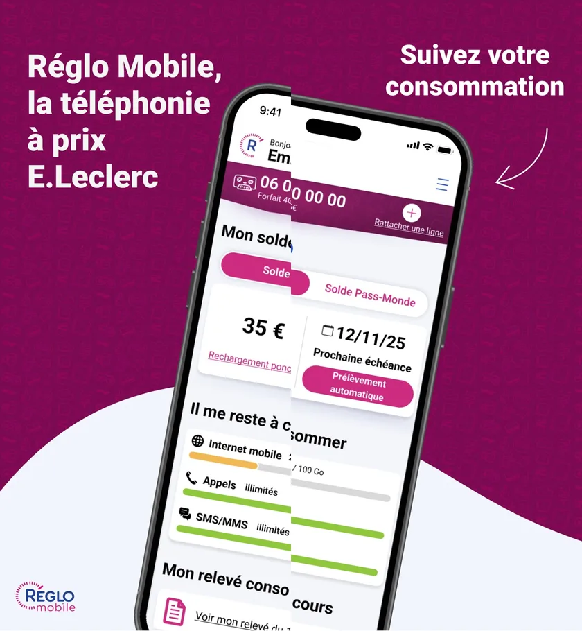 Application Réglo Mobile : accueil avec le solde du compte, la prochaine échéance et la jauge Il me reste à consommer (internet mobile, appels et SMS illimités)