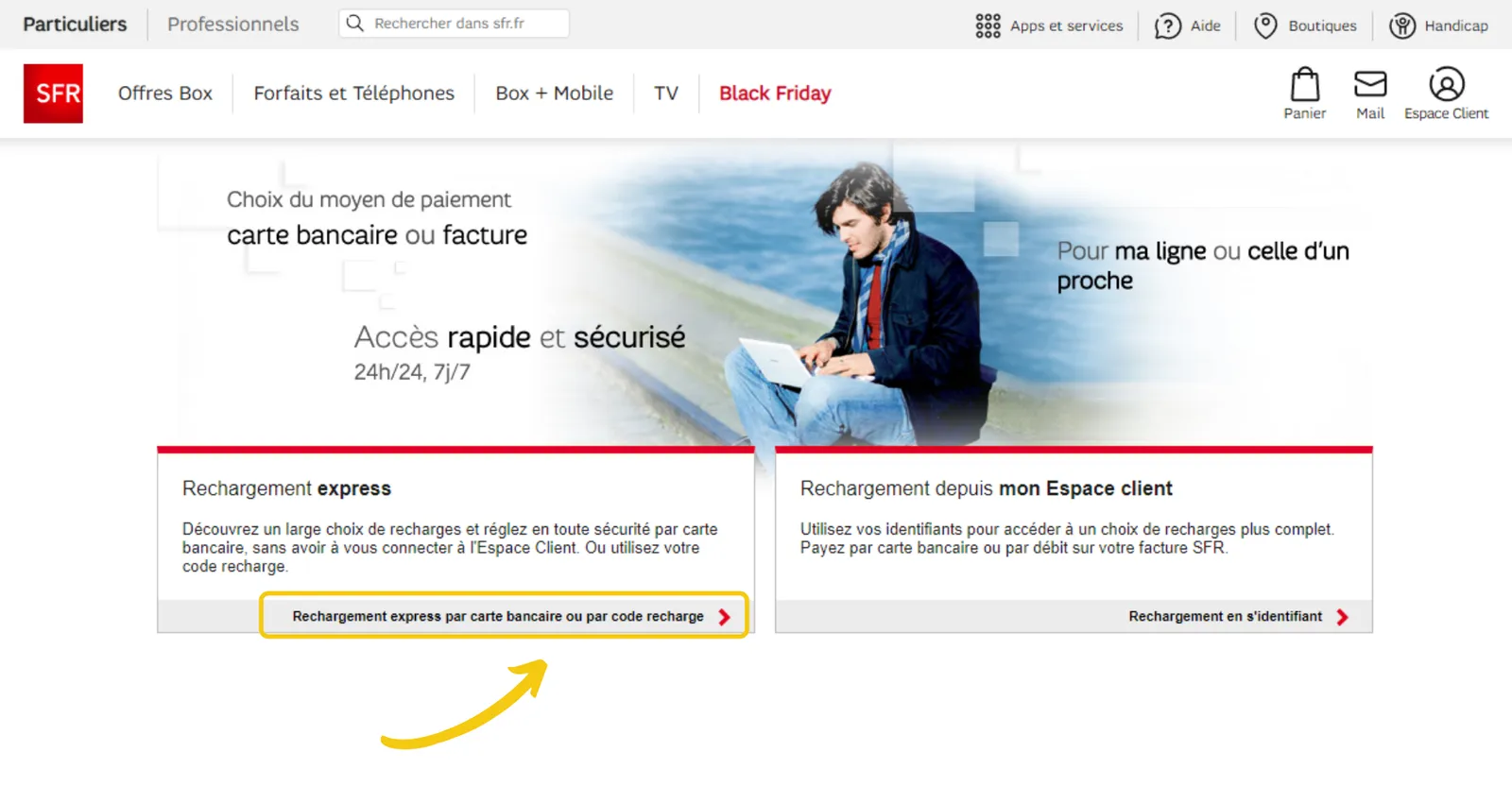 Site internet SFR rechargement mobile étape 1