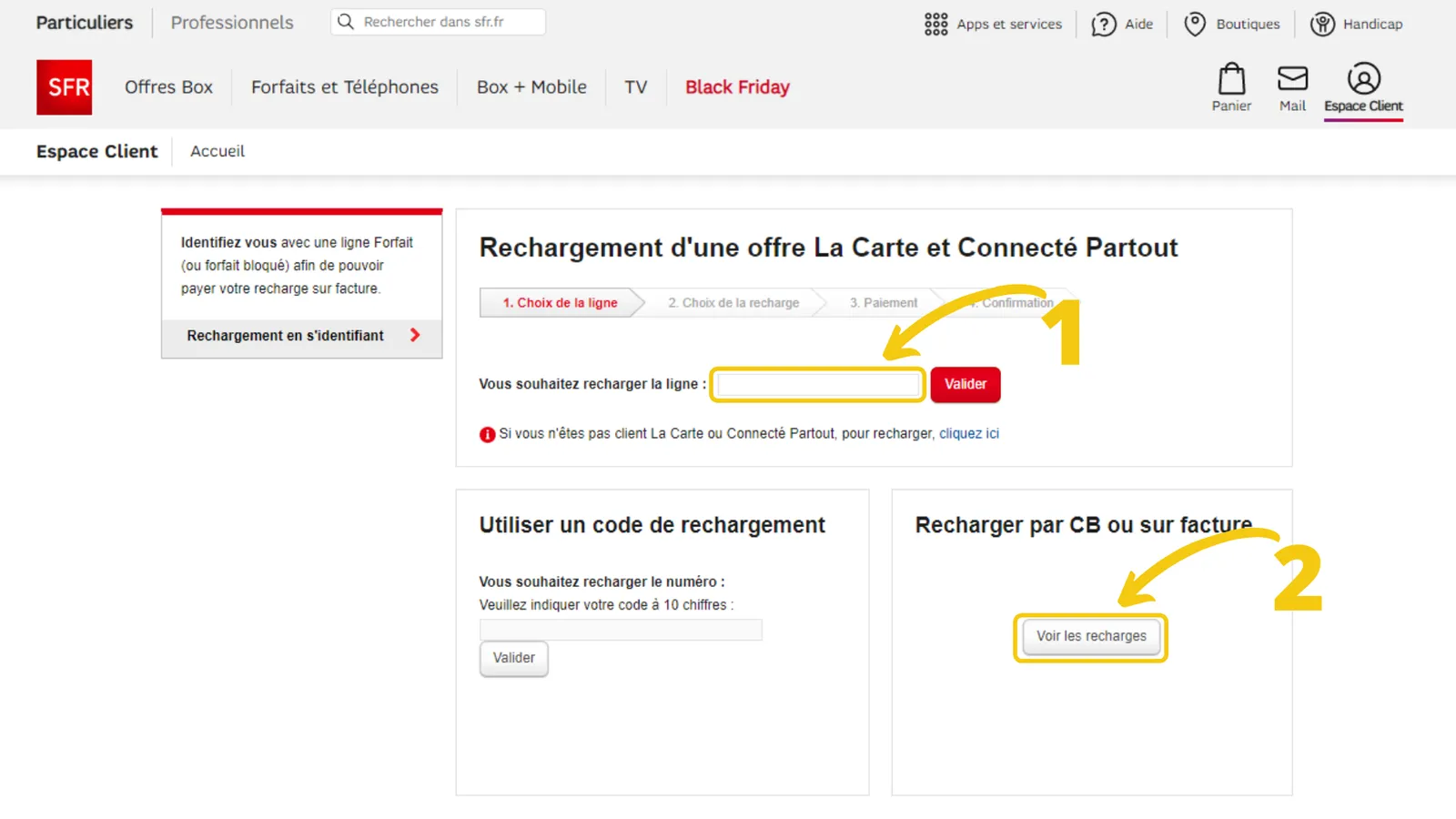 Site internet SFR rechargement mobile étape 2
