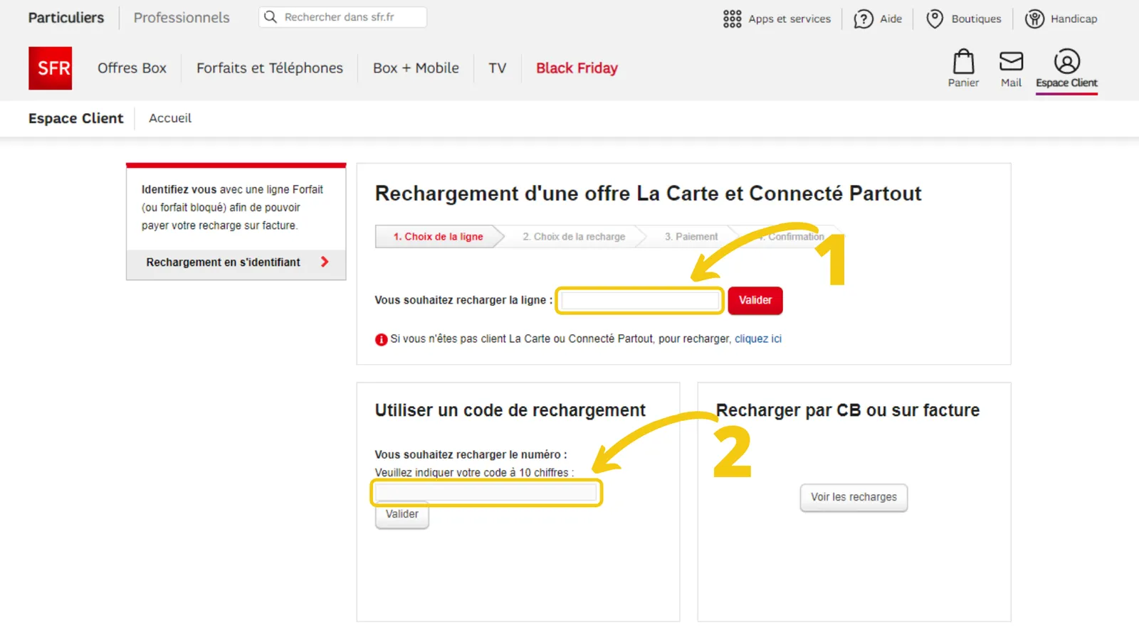 Site internet SFR rechargement mobile avec recharge étape 2
